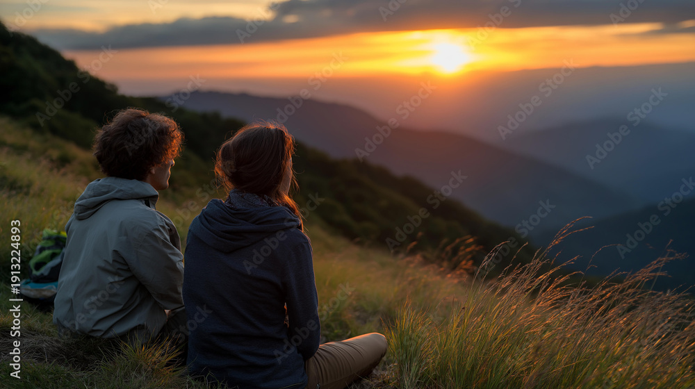 Fototapeta premium Faceless two hikers seated on grass, defocused admiring breathtaking sunset over mountains, tranquility moment, nature connection creating, mountain contemplation, with copy space
