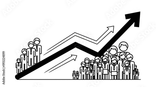 Business growth chart with rising arrows and diverse group of people.