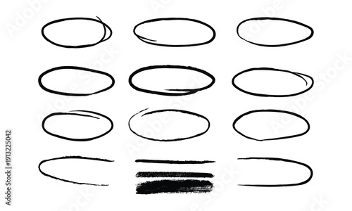Assorted hand-drawn ovals and lines in varying styles and orientations isolated on white background, Vector