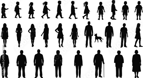 People of different ages silhouettes set, vector flat illustrations of human age stages from baby to senior, representing life stages, growth, family, and human diversity for education, health