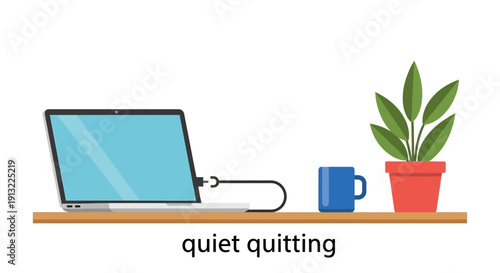A laptop on a desk with a cup and a potted plant beside it, illustrating the concept of quiet quitting