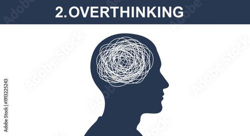 A silhouette of a person's head with a complex thought pattern illustrated inside, symbolizing overthinking and mental complexity