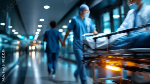 Defocused blurred motion of faceless people in scrubs rushing with patient on gurney through blue-lit hospital hallway, conveying sense of urgency and emergency, critical care