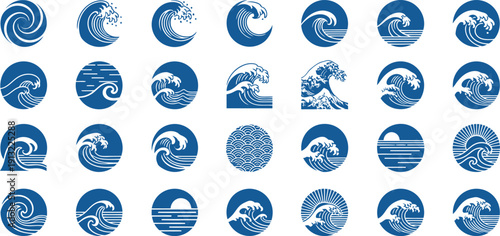 Wave logo set with flat minimal blue swirl water icons, abstract ocean symbols and Japanese wave vector silhouettes, modern round liquid shapes for branding, logotype design, surf and marine identity