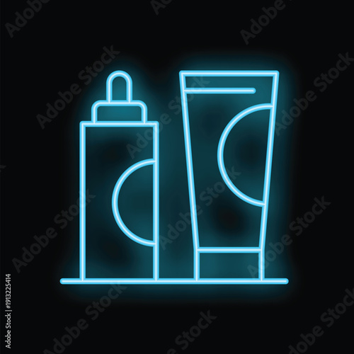 Neon blue contour drawing of two cosmetic packages standing on a shelf, glowing in the dark