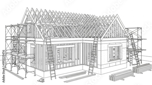 Detailed architectural drawing of a house under construction.