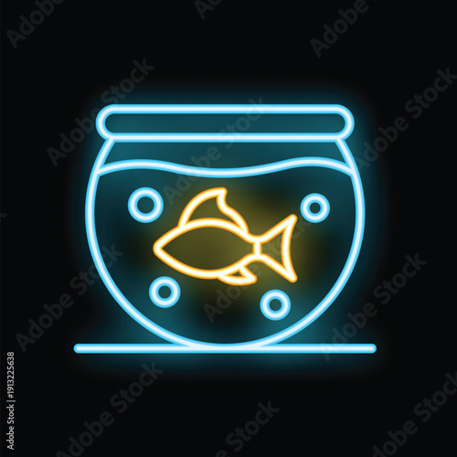 Bright neon fishbowl glowing on black background, perfect for any design requiring a pet shop or animal care concept