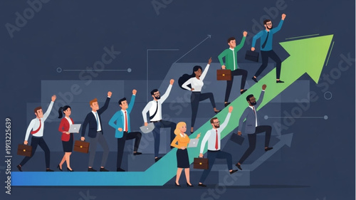 Diverse group of business people climbing up a green arrow graph representing success and growth.