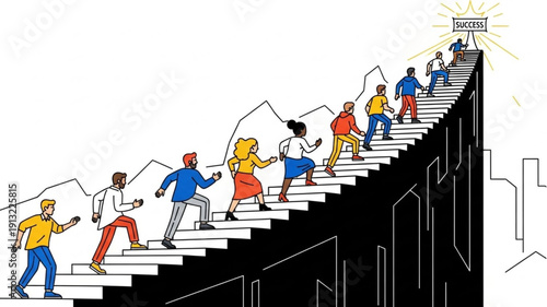 Diverse group of people climbing stairs towards a goal at the top.