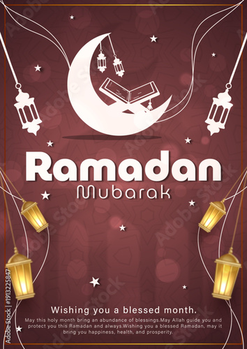 Ramadan Mubarak greeting card with Holy Quran and golden lanterns, Islamic Kareem poster with crescent moon on maroon background, Muslim religious holiday flyer with Quran icon and glowing stars