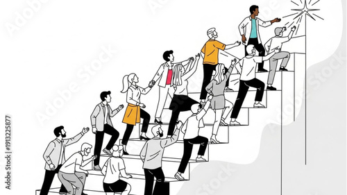 Diverse group of people climbing stairs towards success and goals.