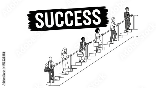 Diverse group of people climbing stairs towards success.