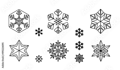 Geometric Snowflake Icon Set Abstract Vector Collection for Web Design on White Background