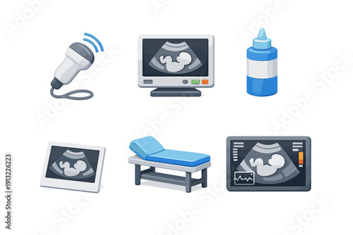 Medical ultrasound equipment and baby scan icons for healthcare and pregnancy