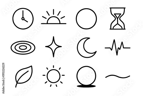 Time Symbolism Icons. Time as Present Moment black outline icons clock hand, sunrise, open circle, hourglass, ripple wave, star, moon, heartbeat, single leaf, glowing orb, shadow