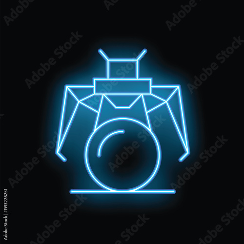 Blue neon sign of industrial robot manipulator holding sphere on black background