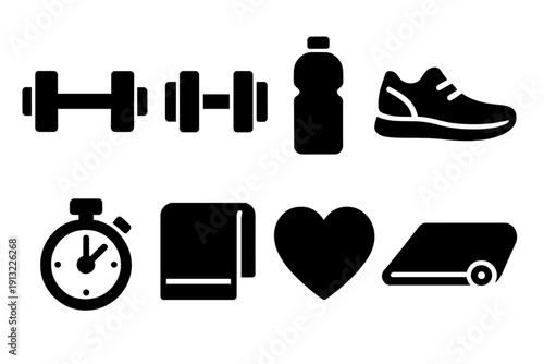 Brutalist Fitness Icons. Fitness Essentials silhouette set: dumbbell, barbell, water bottle, shoes, stopwatch, towel, heart, mat