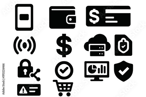 Digital Wallet Icons. Digital Wallet silhouette set: smartphone interface, wallet icon, credit card, NFC signal, dollar sign, cloud server, secure connection, payment badge,