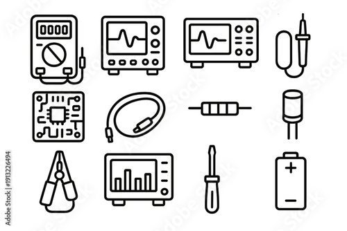 Diagnostic Tools Icons. Electronic Diagnostic Tools black outline icons multimeter, oscilloscope, signal generator, probe, circuit board, cable, resistor, capacitor, test clamp,