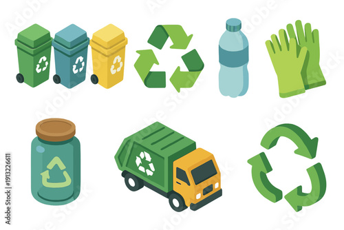Recycling Icons Set. Recycling & Reuse flat icons sorting bins, arrows symbol, plastic bottle, cleaning gloves, upcycled jar, waste truck, recycle badge, green arrows