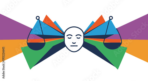 A serene face surrounded by colorful scales of justice illustration symbolizing mental balance and harmony in a vibrant environment