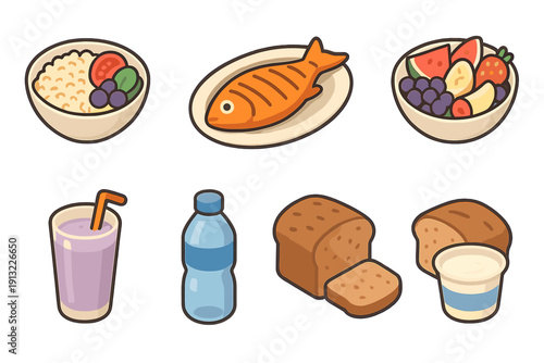 Balanced Meal Icons. Balanced Meal Set flat icons grain bowl, grilled fish, steamed vegetables, fruit salad, smoothie glass, water bottle, whole grain bread, yogurt cup