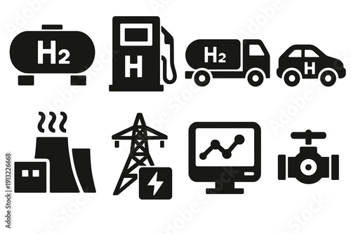 Hydrogen Tech Icons. Hydrogen Infrastructure silhouette set: storage tank, fueling station, transport truck, hydrogen car, power plant, grid connection, monitoring screen, valve