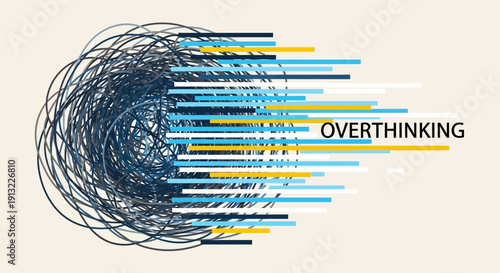 A complex illustration of intertwined thoughts and emotions represented by swirling lines and the word 'OVERTHINKING' centered, symbolizing mental complexity and turmoil.
