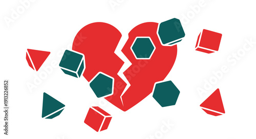 A broken red heart surrounded by fragmented envelopes in a digital detox scene, viewed from directly above