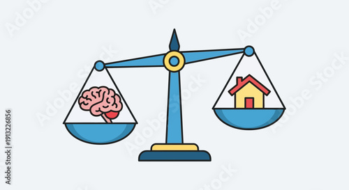 A scale balancing a human brain and a house, symbolizing mental health and home life equilibrium, vector illustration