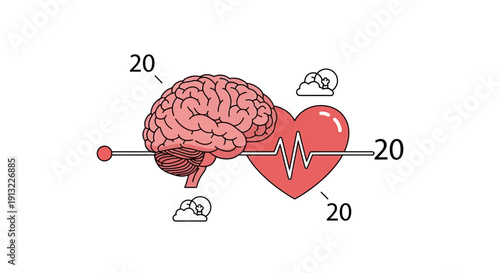 Illustration of human brain and heart connection with heartbeat and balance scales
