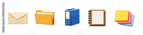 Collection of office supplies icons: envelope, folder, binder, notebook, and sticky notes
