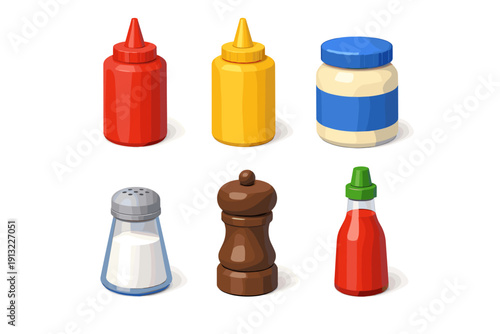 Set of six common condiments and seasonings in cartoon style