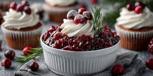 Wallpaper Mural cranberry compote in a white bowl, surrounded by festive decorations and cupcakes on a light gray background Torontodigital.ca