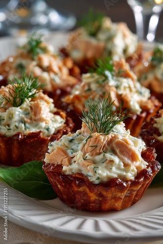 Wallpaper Mural delicious mini salmon salad cups with dill garnish, on an elegant white platter for a sophisticated event or business party Torontodigital.ca