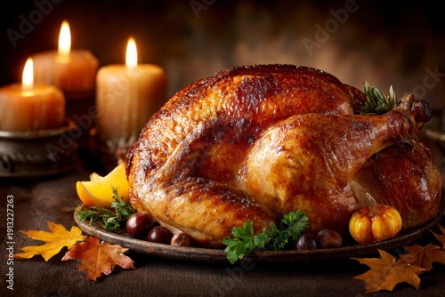 Wallpaper Mural a mouthwatering turkey for the dinner on a visually appealing background with candles and autumn leaves Torontodigital.ca