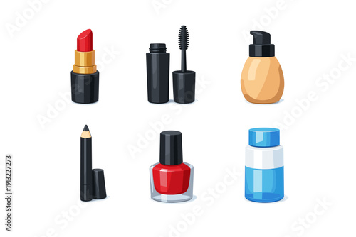 Collection of cosmetic products including lipstick, mascara, foundation, eyeliner, nail polish, and serum