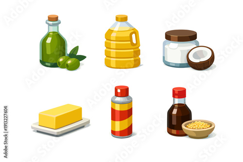 Collection of cooking oils and fats in cartoon style