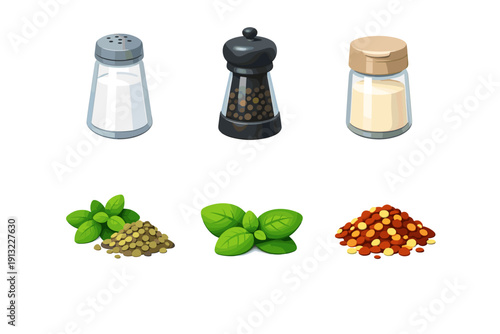 Salt, pepper, and spice collection with fresh basil leaves and seasonings