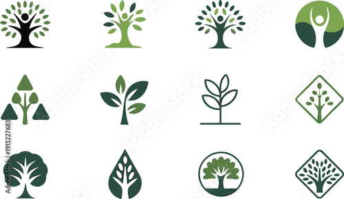 Eco tree and plant logos, green leaf designs, abstract nature icons, sustainable growth symbols, wellness branding, environmental conscious business graphics