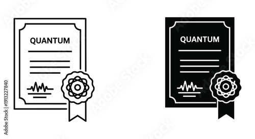 Quantum physics diploma certificate with atom and ribbon vector illustration