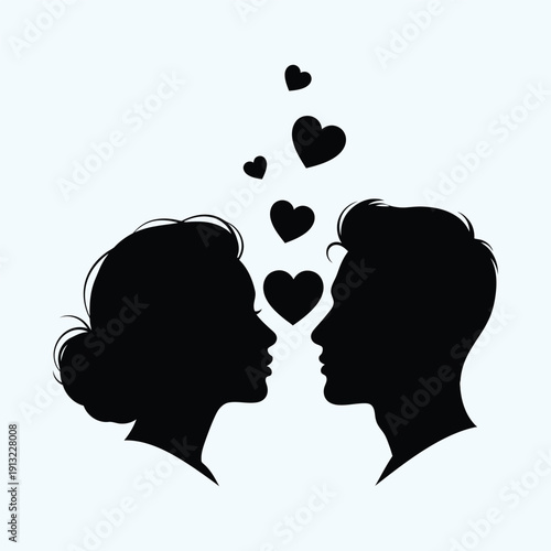  Romantic Couple Profile Silhouette with Floating Love Hearts
