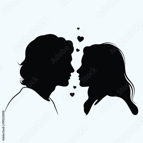Young Couple Silhouette in Love with Floating Hearts Illustration