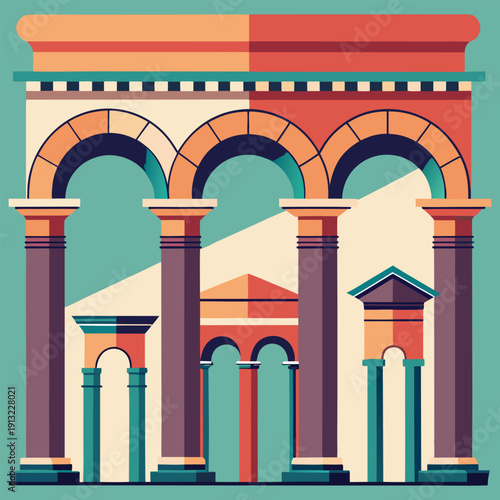 Vector illustration of the Arch of Triumph in Italy showing an ancient stone monument with arches and columns in a historic European city