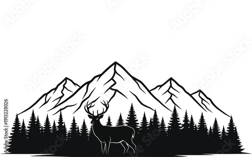 Deer silhouette standing in front of mountain range and forest silhouette