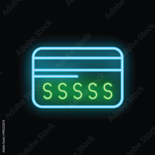 Bright glowing neon credit card illustrating online shopping and digital payment