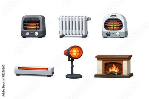 Collection of various heating devices including heaters, radiator, and fireplace