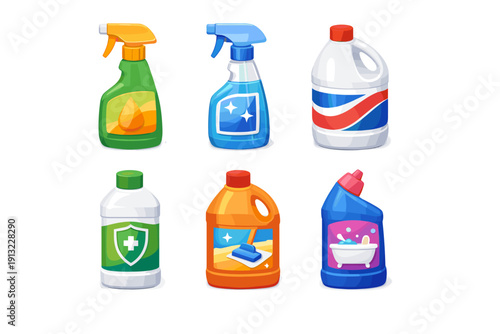 Collection of cartoon cleaning product bottles and containers for household chores