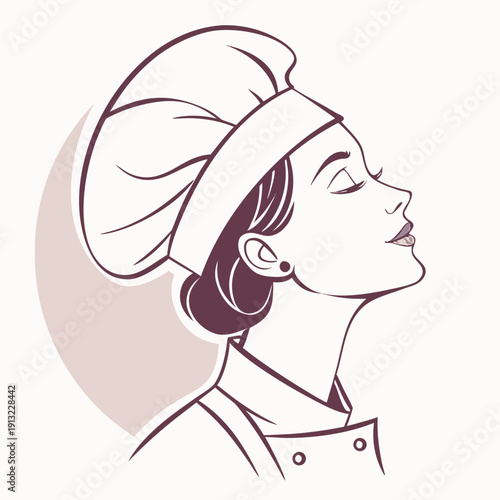 A sophisticated logo featuring a minimalist illustration of a female chef conveying elegance and culinary expertise for professional branding