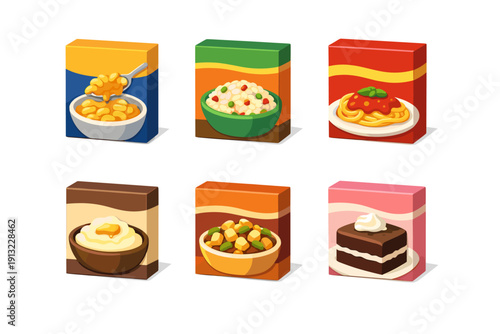 Collection of six cartoon food product boxes with different meals and desserts